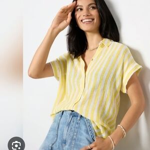 beachlunchlounge Yellow and White Striped Button Down Shirt